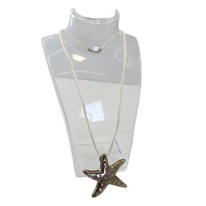 Womens Starfish Medallion Cord Necklace Metal Textured Coastal Nautical Summer